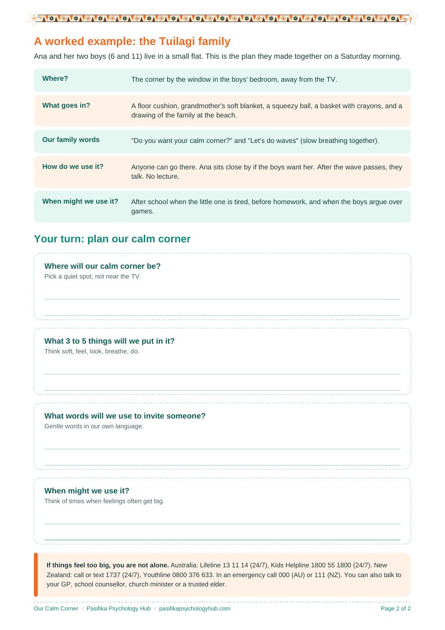 Calm Corner Plan worksheet, page 2