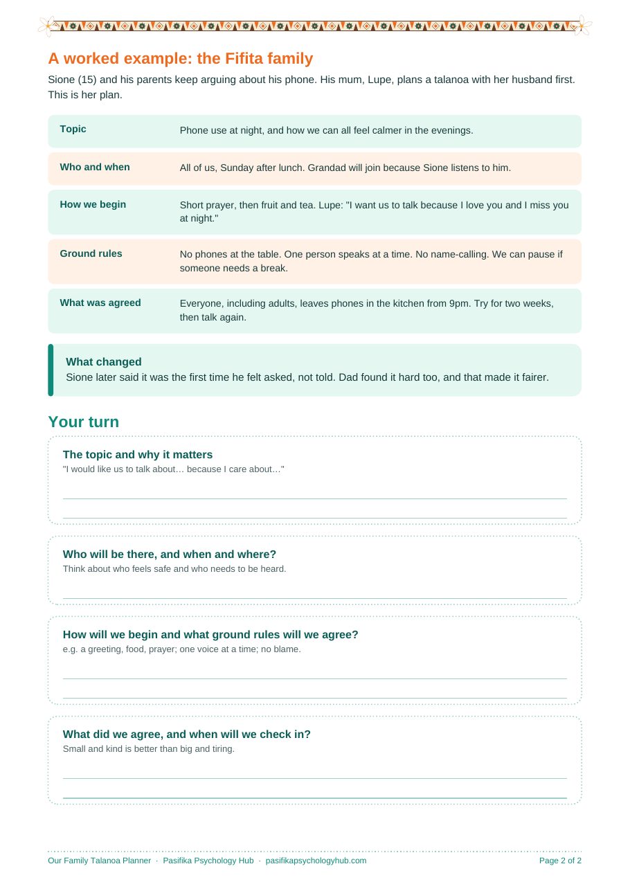 Family Talanoa Planner worksheet, page 2