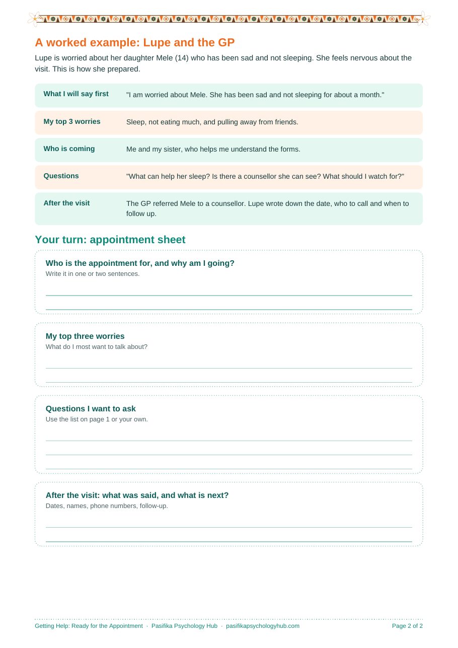 Getting Help: Appointment Prep worksheet, page 2